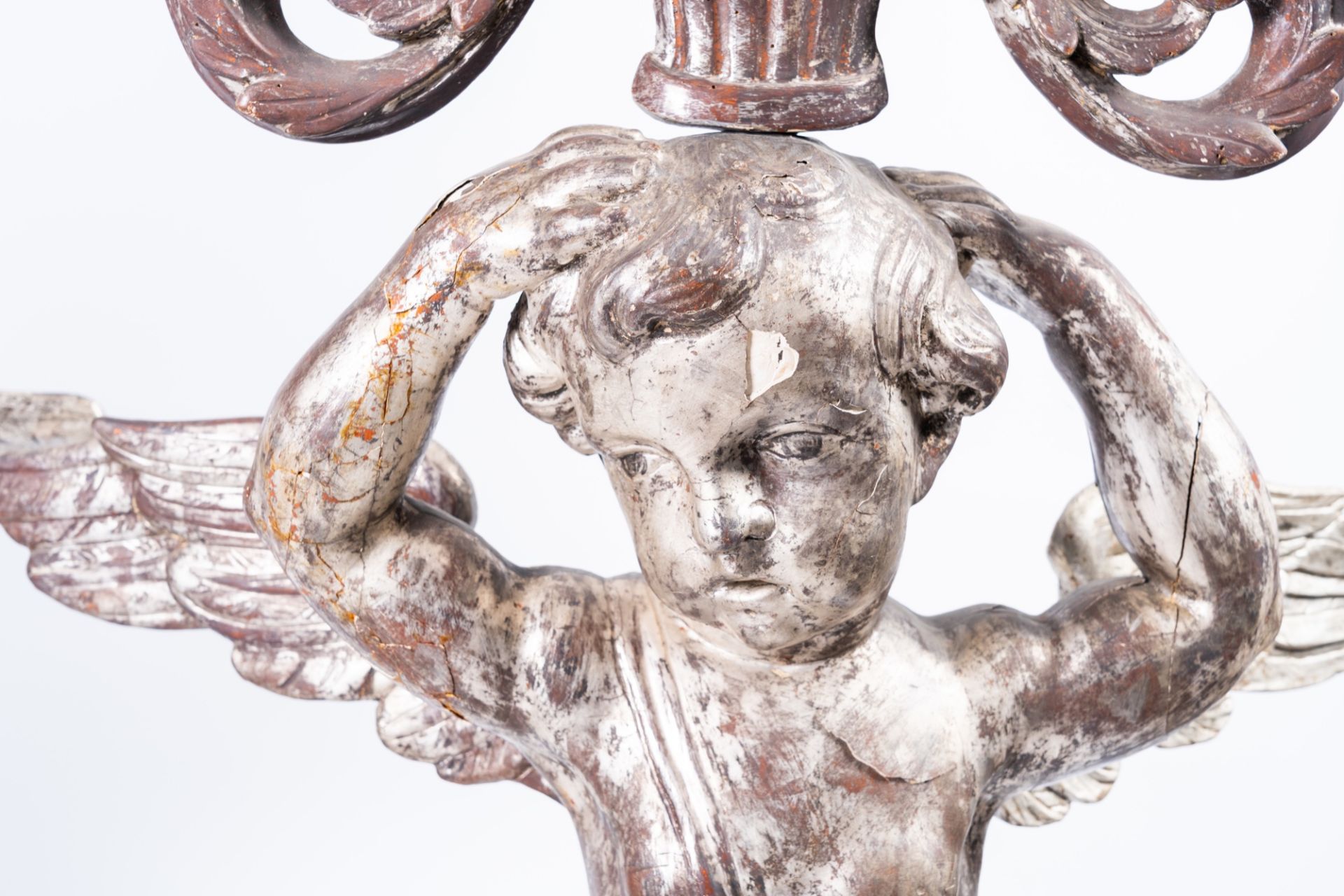 A pair of imposing Italian carved, polychrome painted and silver-plated wood angel shaped candlestic - Image 11 of 17