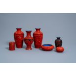 A varied collection of Chinese carved cinnabar and black lacquer items, 20th C.