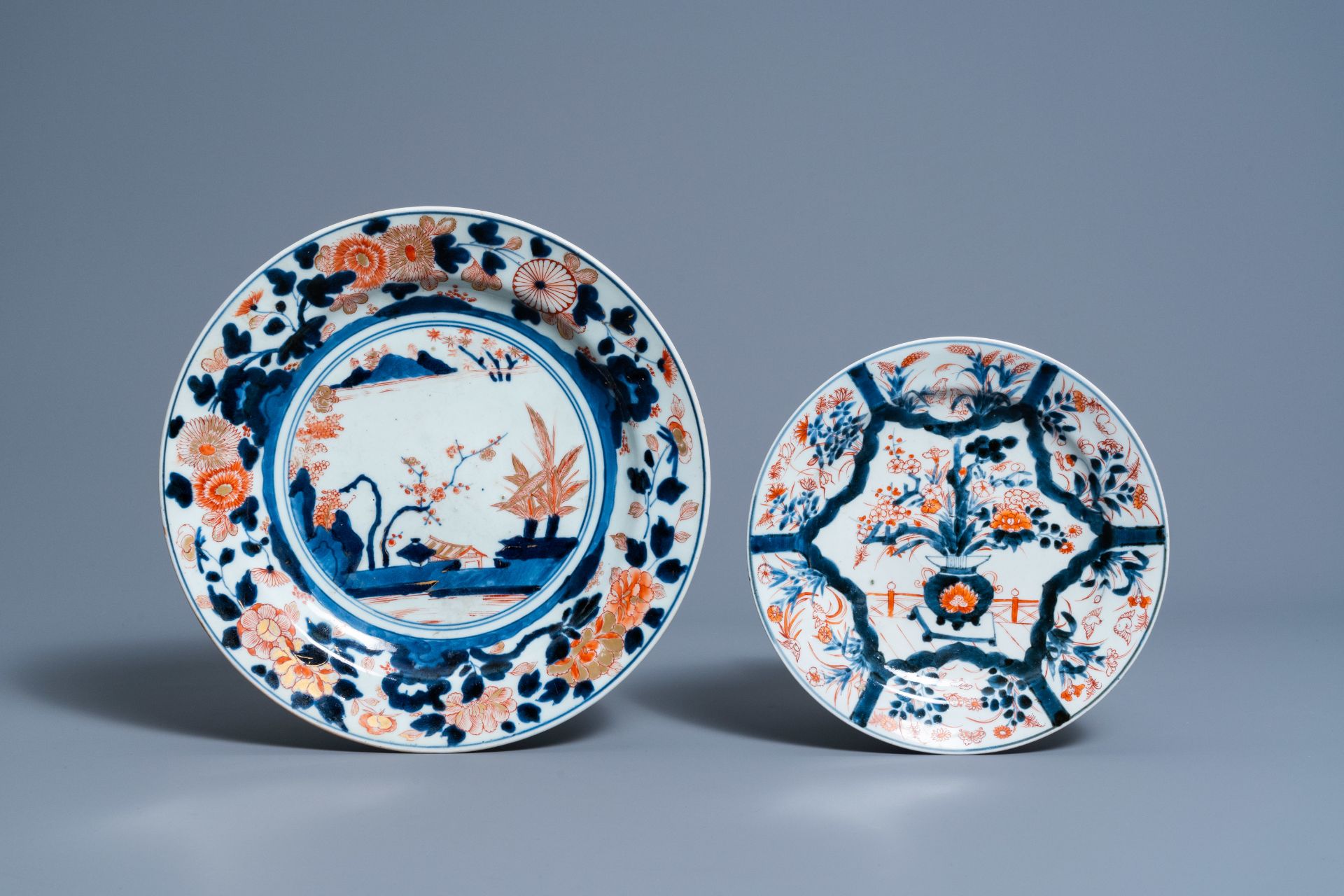 A Japanese Imari charger with a landscape and a plate with floral design, Edo, 18th C. - Image 2 of 3