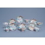 Six Chinese Canton famille rose cups and saucers with figurative design, 19th C.