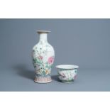 A Chinese famille rose vase with floral design and a jardinire with a phoenix among blossoming bran