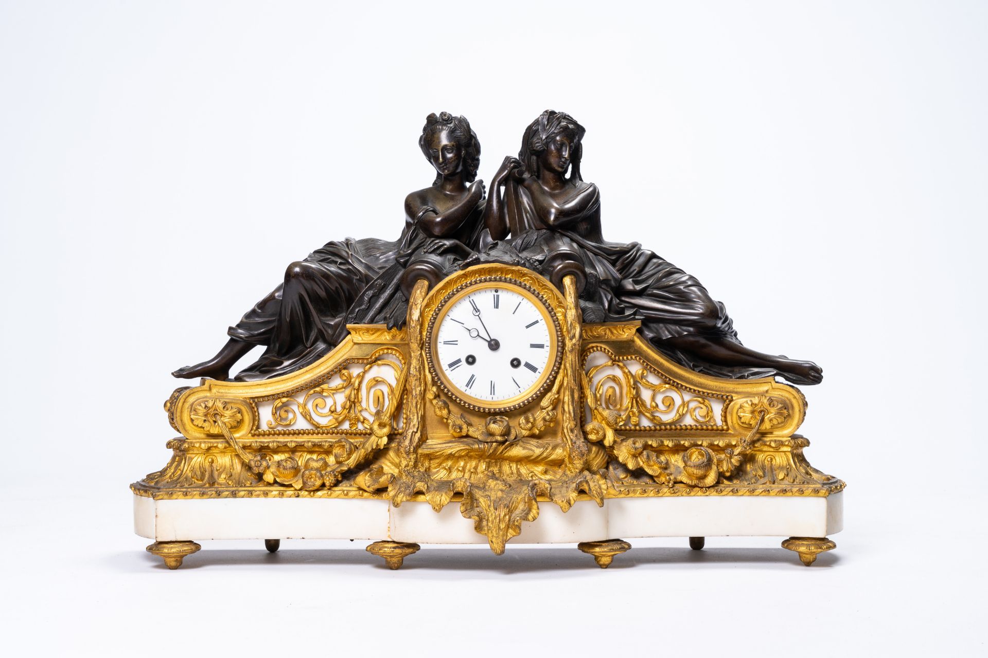 A French gilt and patinated bronze and white marble mantel clock with the sources of life, 19th C. - Image 3 of 13