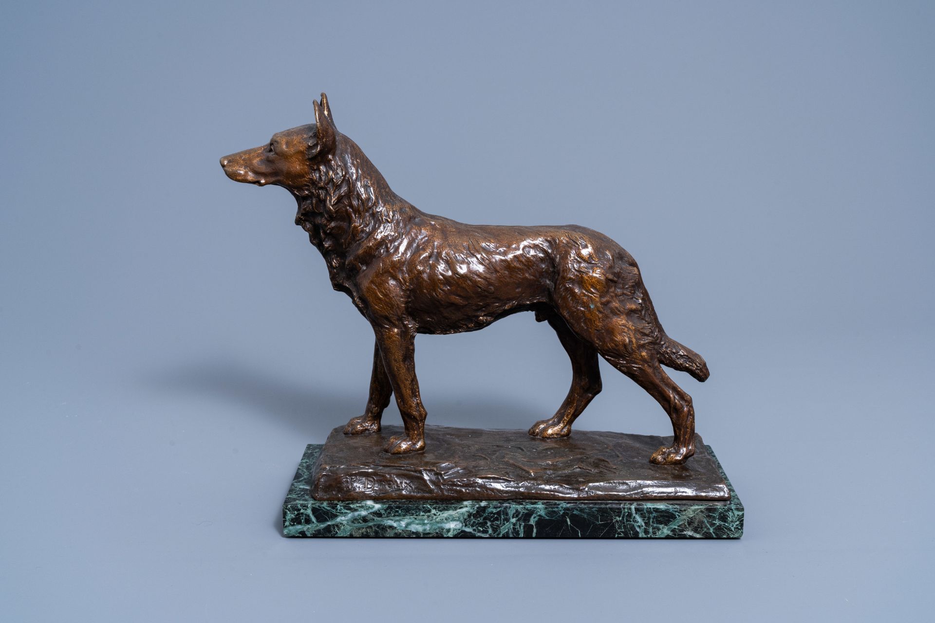 Paul ƒdouard Dreux (1855-1947): A sheepdog, brown patinated bronze on a vert de mer marble base - Image 2 of 9