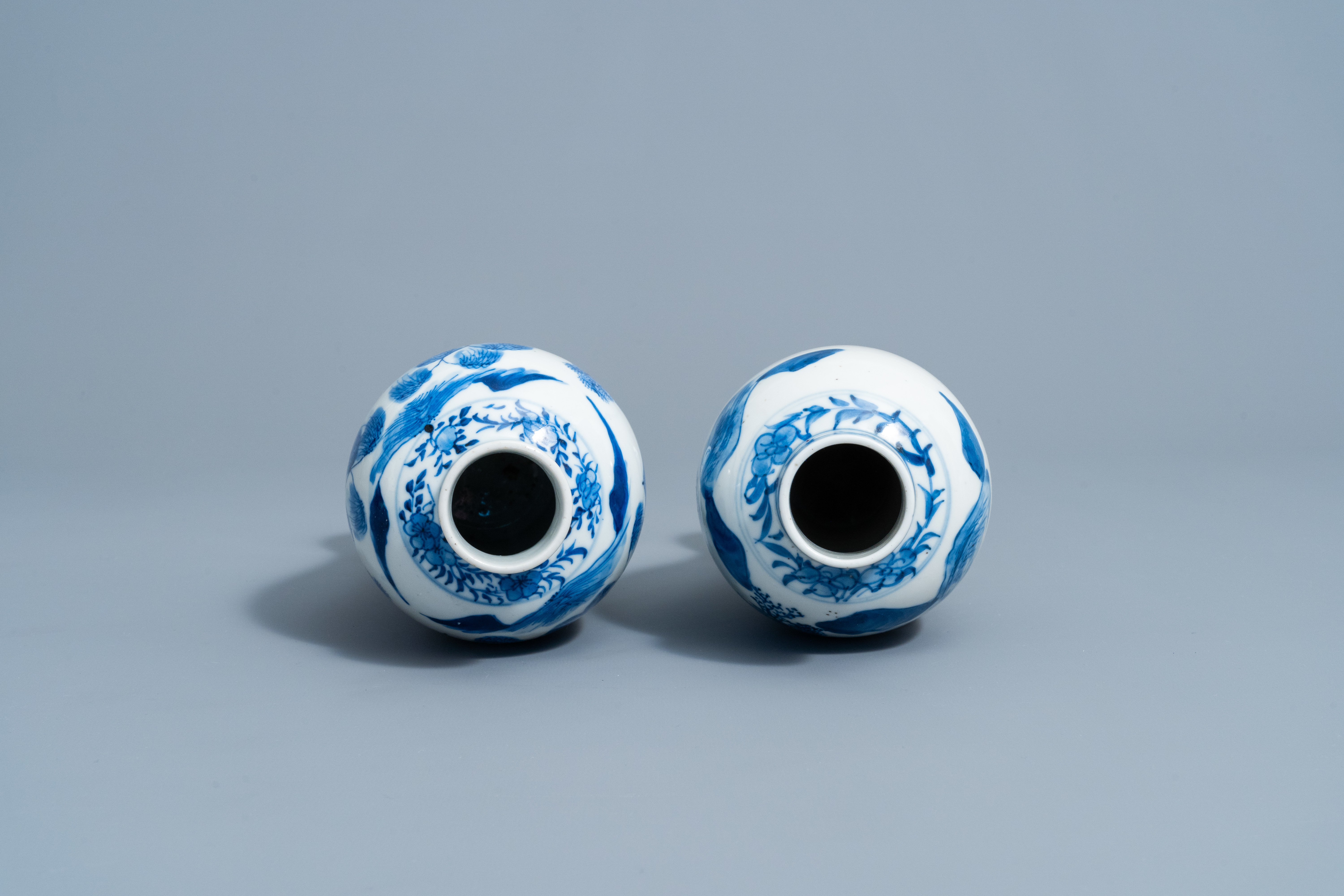 Two Chinese blue and white baluster shaped vases with an animated mountain landscape all around, Kan - Image 5 of 6