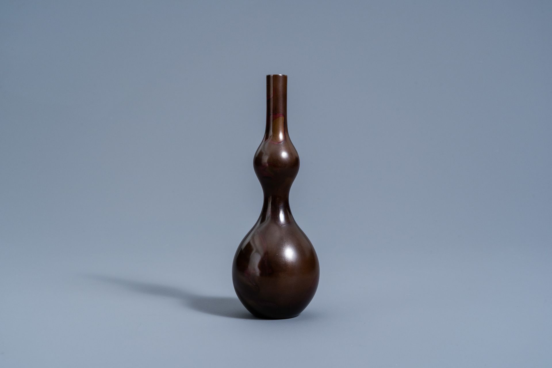 A Japanese bronze double gourd vase with flamed brown patina, Yoshida Kazumas, Showa, 20th C. - Image 3 of 8