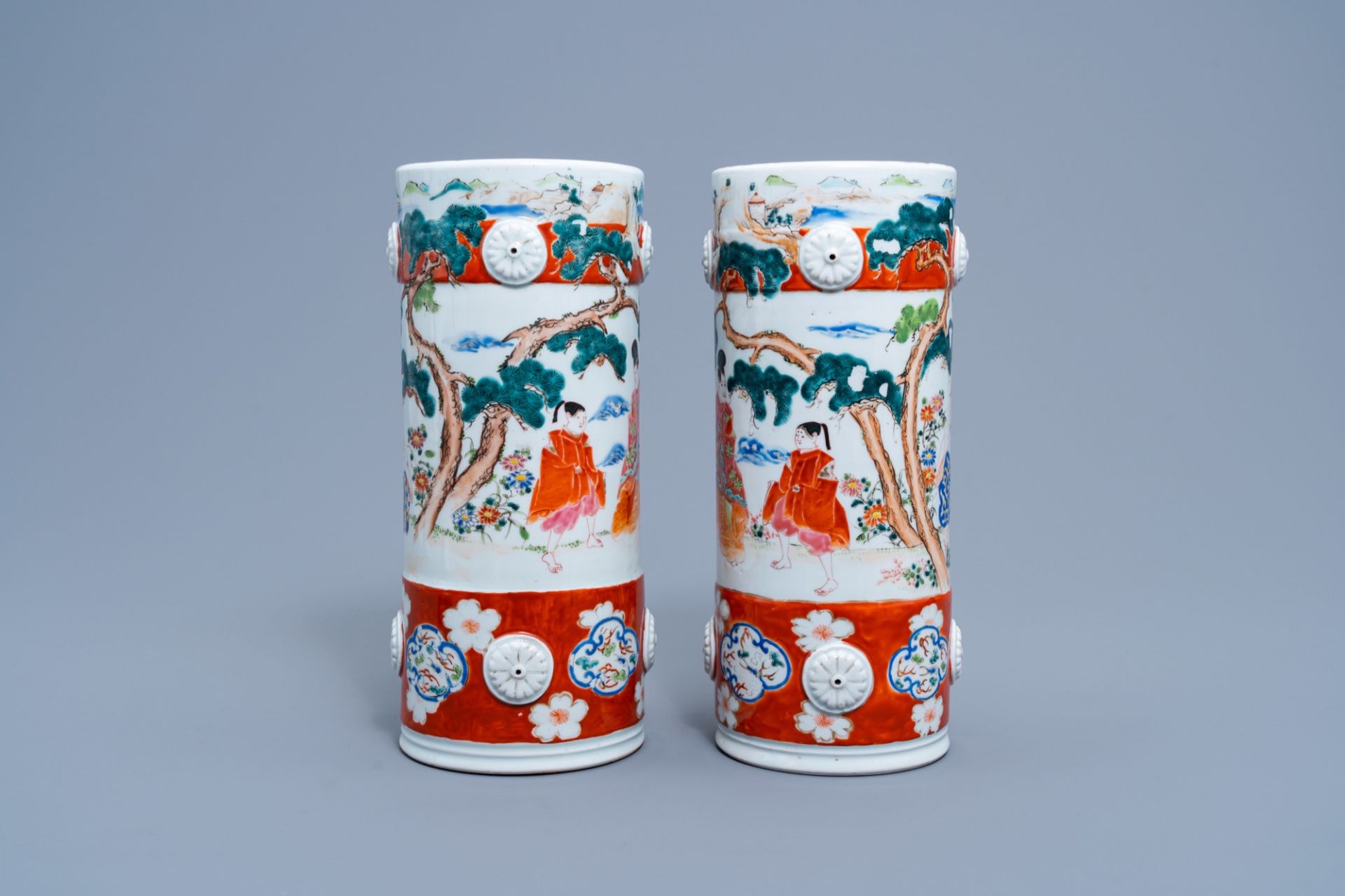 A pair of Japanese polychrome hat stand stands with figurative design all around, marked Fukagawa, M - Image 5 of 8