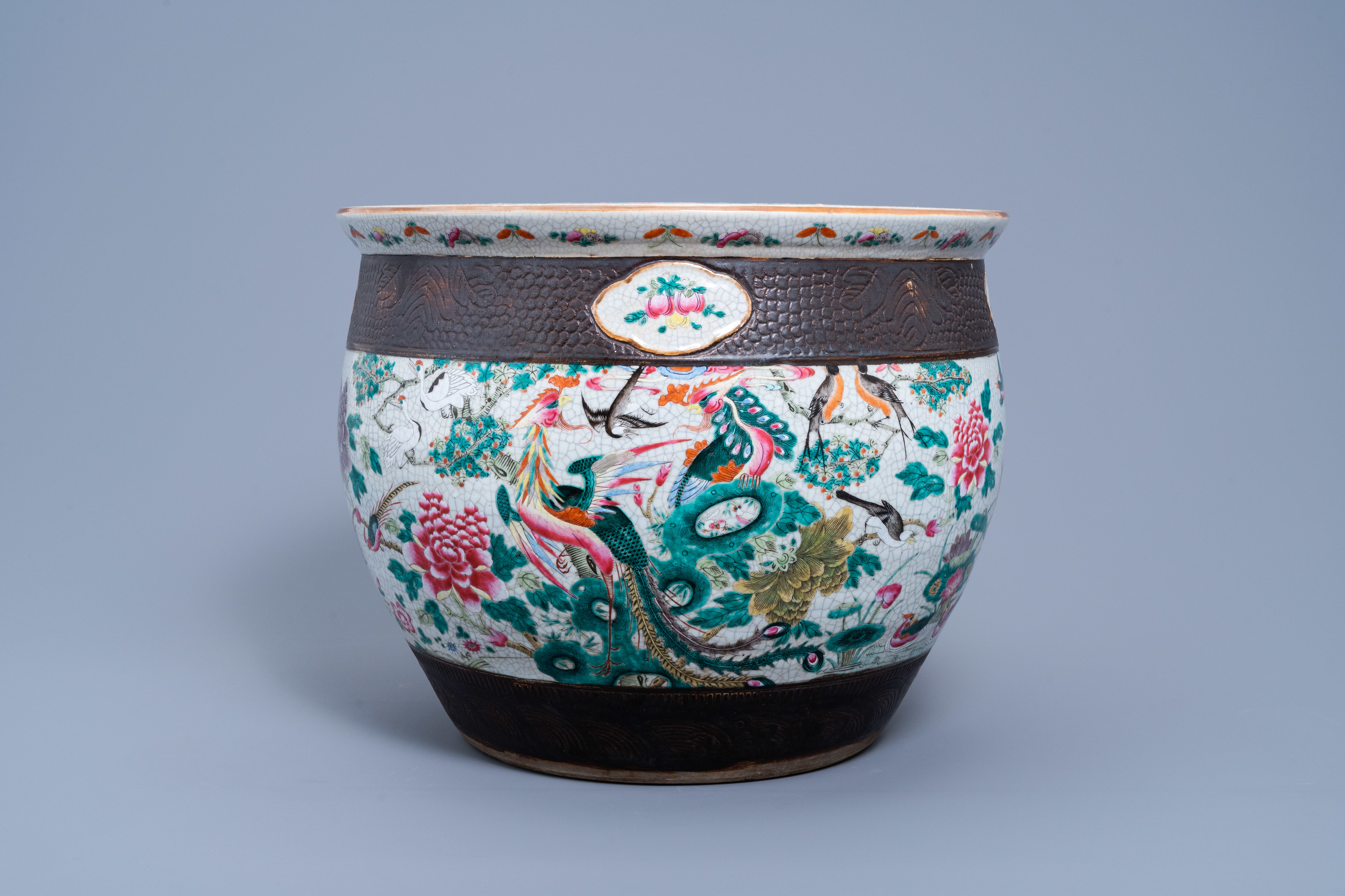 A Chinese Nanking crackle glazed famille rose jardinire with birds among blossoming branches, 19th - Image 4 of 10