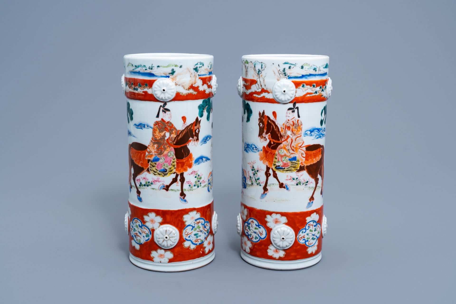 A pair of Japanese polychrome hat stand stands with figurative design all around, marked Fukagawa, M - Image 2 of 8