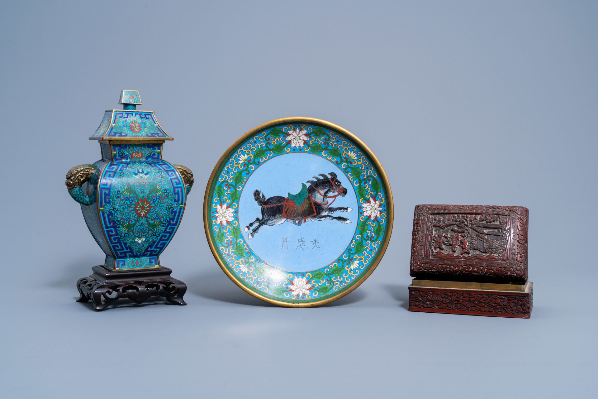 A Chinese red lacquer box and cover with an animated landscape and a cloisonnŽ vase and cover and di - Image 2 of 10