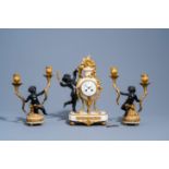 A French gilt and patinated bronze mounted white marble three-piece clock garniture with putti, 19th