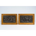 A pair of large French bronze patinated copper plaques with relief design of putti, goats and Bacchu