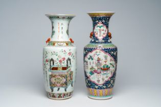 Two Chinese famille rose vases with flower baskets and antiquities design, 19th C.