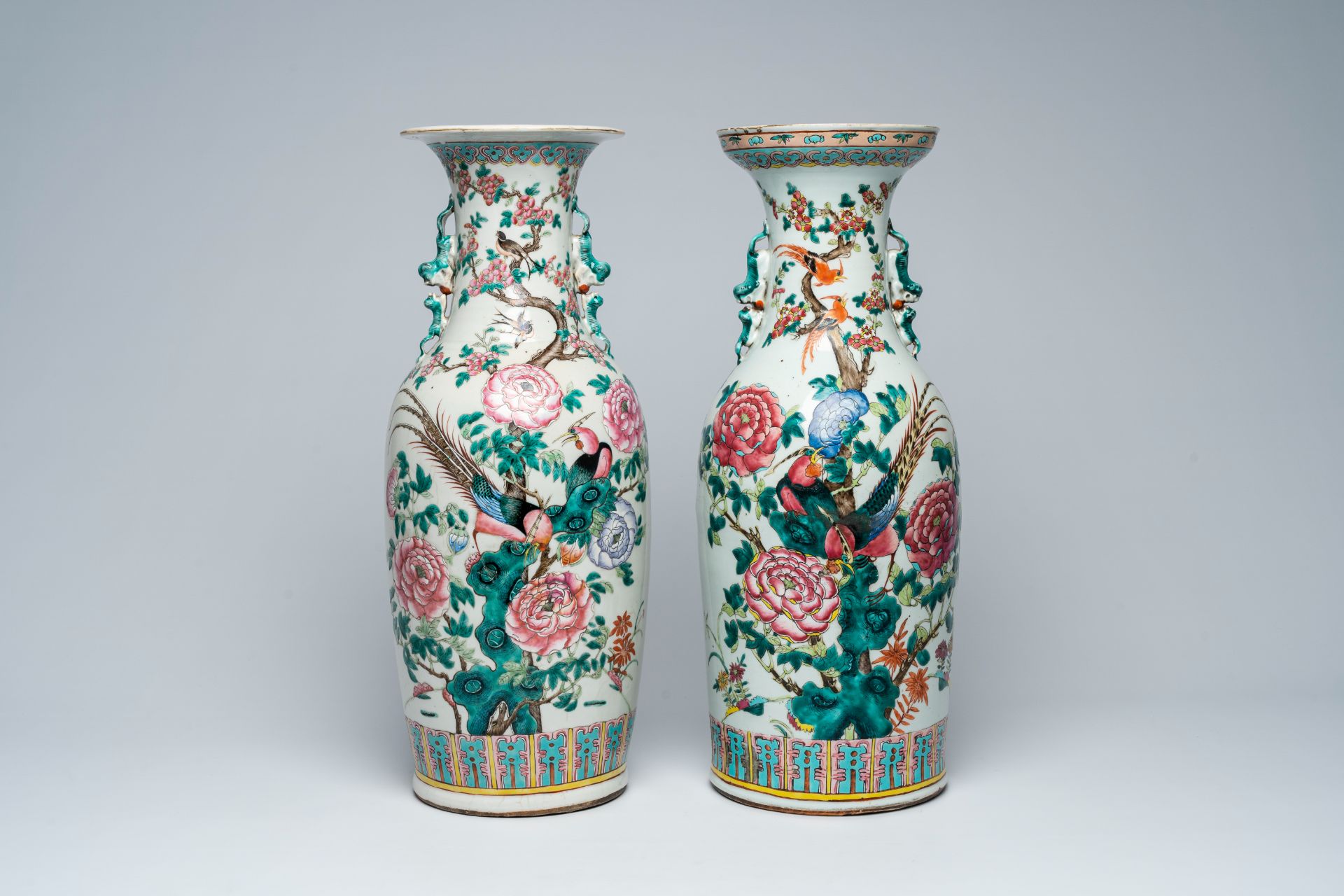 Two Chinese famille rose vases with phoenixes, pheasants and cranes among blossoming branches, 19th - Image 3 of 6