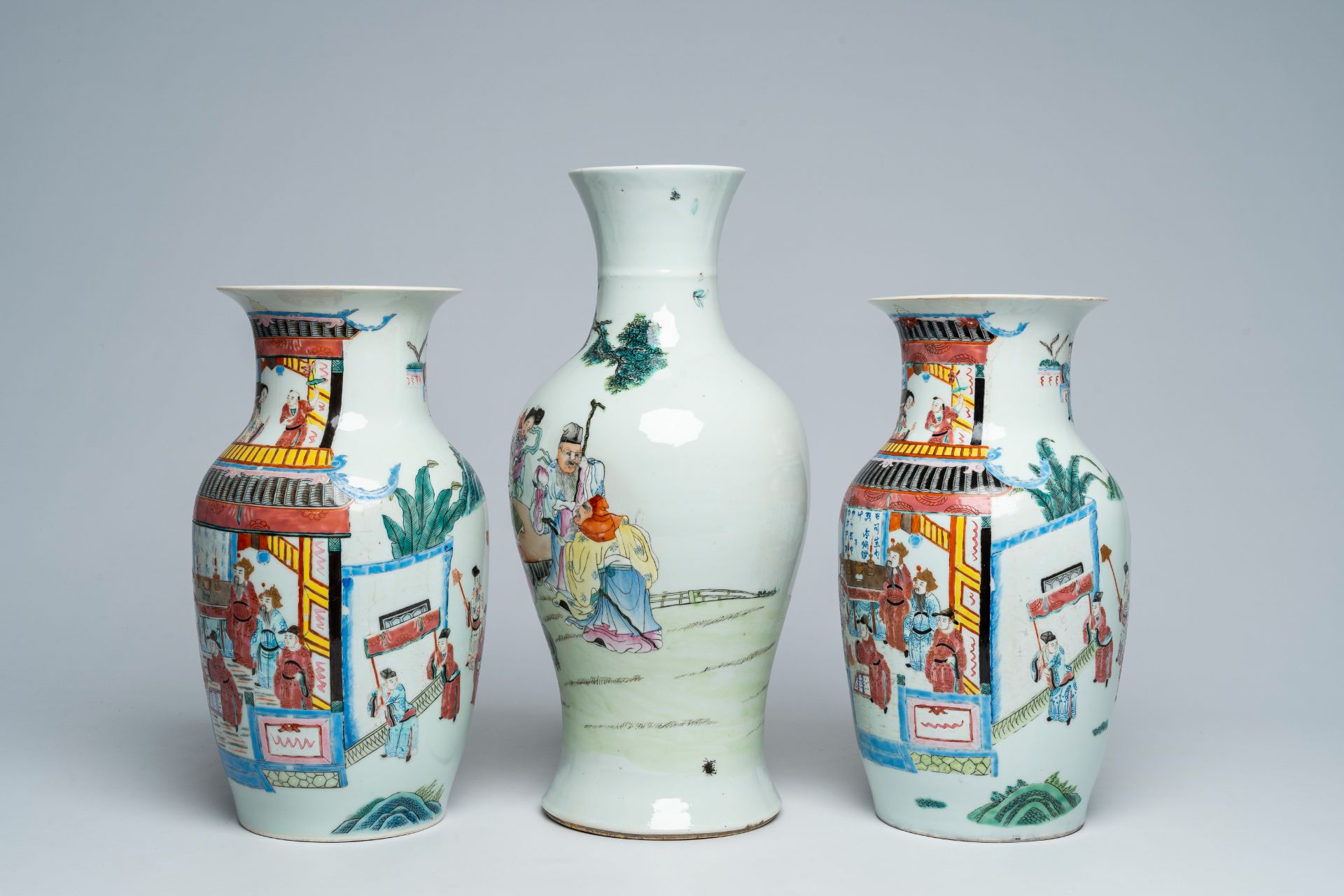 A Chinese famille rose baluster shaped 'Immortals' vase and a pair of vases with palace scenes, 19th - Image 2 of 6