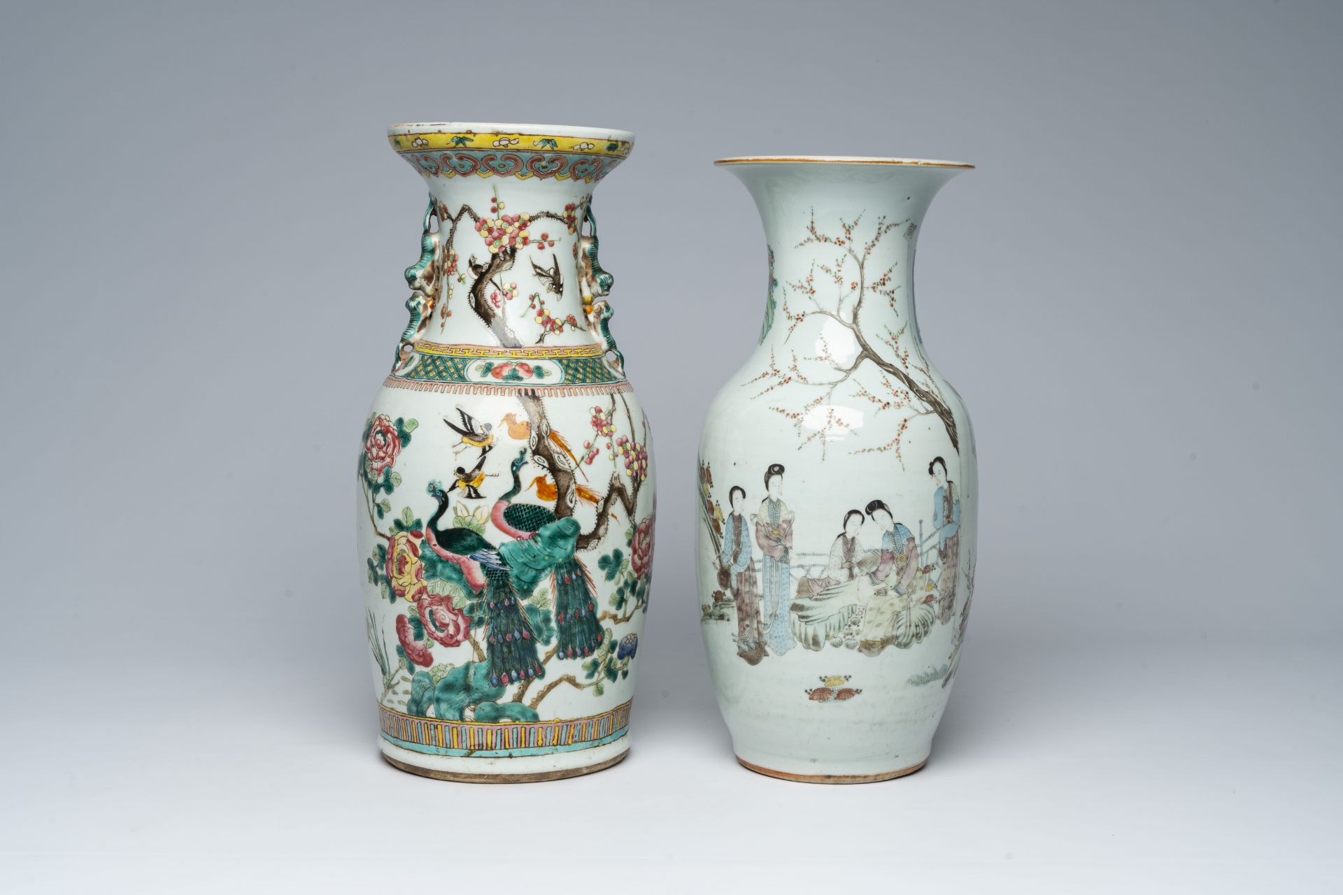 Two Chinese famille rose and qianjiang cai vases with birds among blossoming branches and ladies in