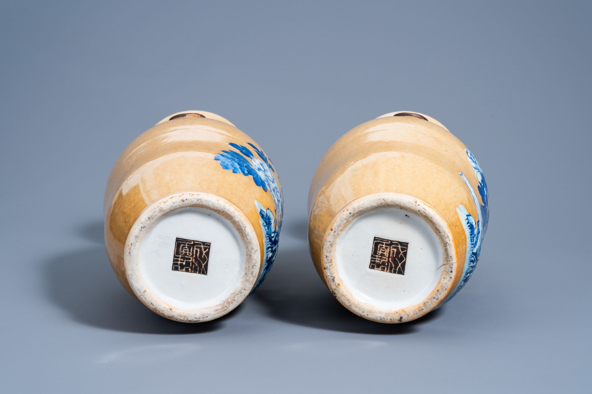 A pair of Chinese Nanking crackle glazed blue and white 'cafÃ© au lait' ground vases with a bird on - Image 5 of 5