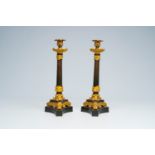 A pair of French gilt and patinated bronze candlesticks with floral design, 19th C.