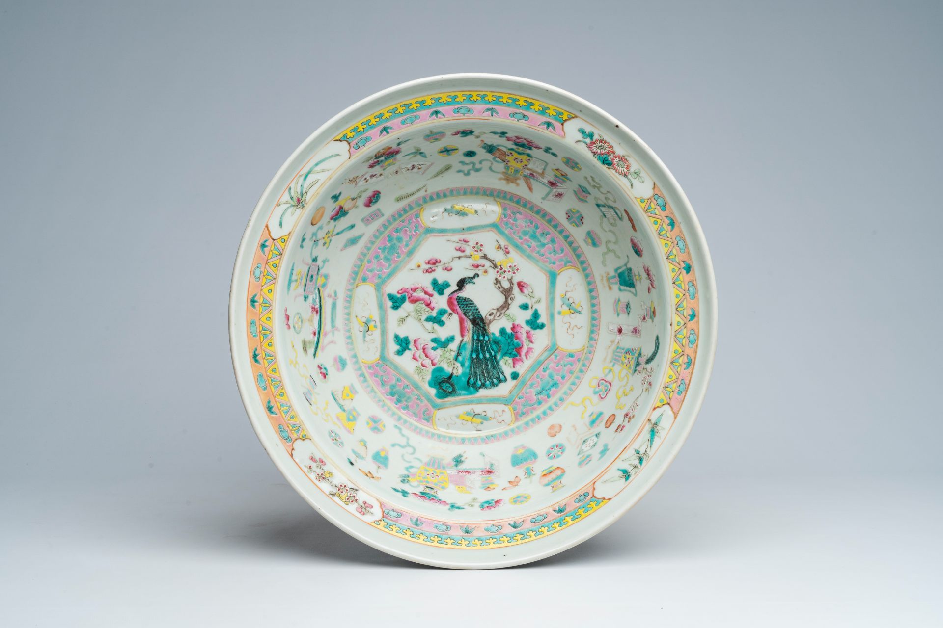 A Chinese famille rose bowl with a bird among blossoming branches, three famille rose and qianjiang - Image 3 of 10