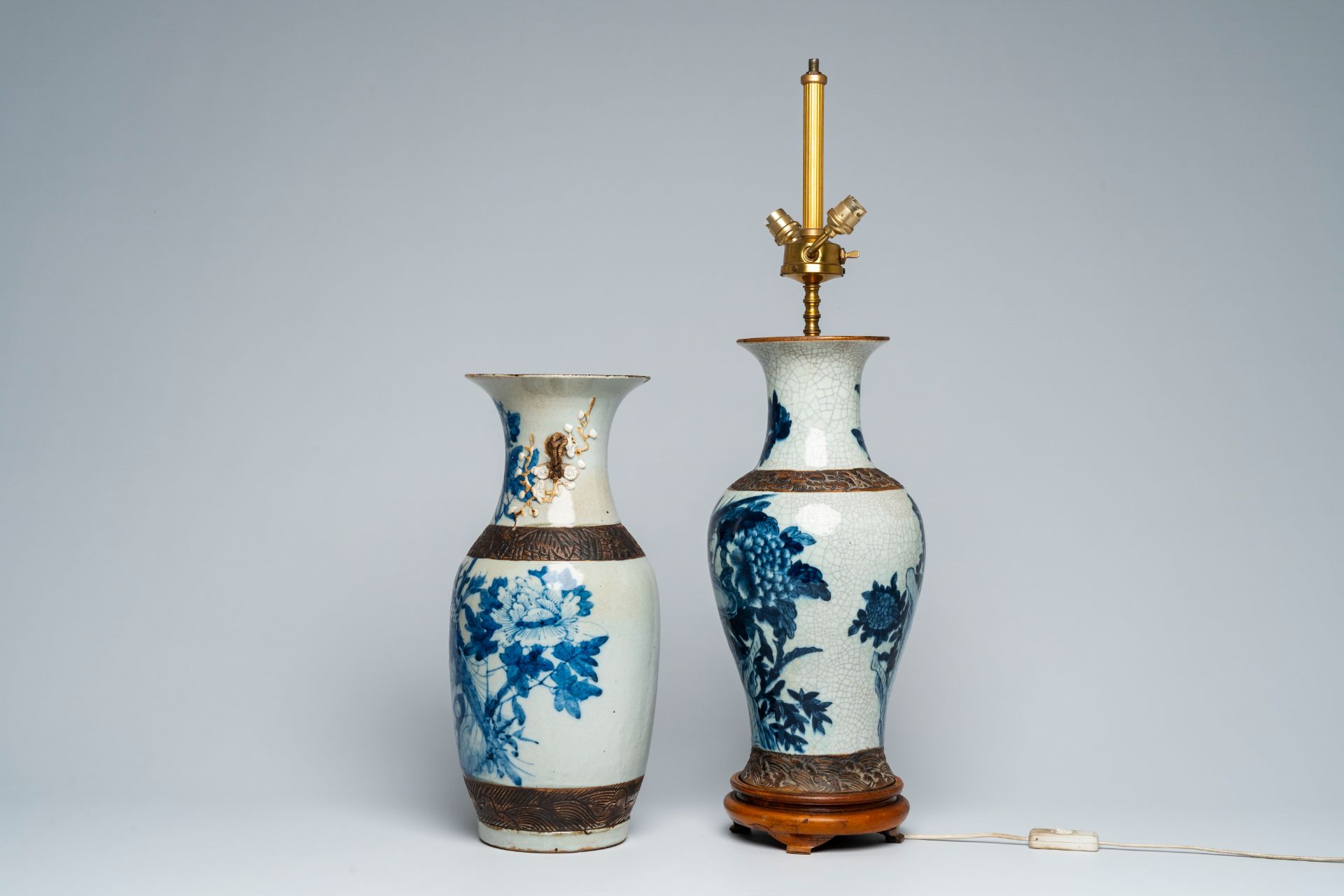 Two Chinese Nanking crackle glazed blue and white vases with birds among blossoming branches, one of - Image 2 of 6
