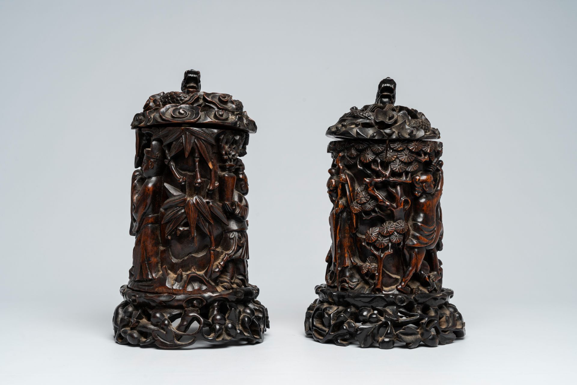 A pair of Chinese wood brush pots with relief design and a pair of open worked stands and covers, 19 - Image 5 of 7