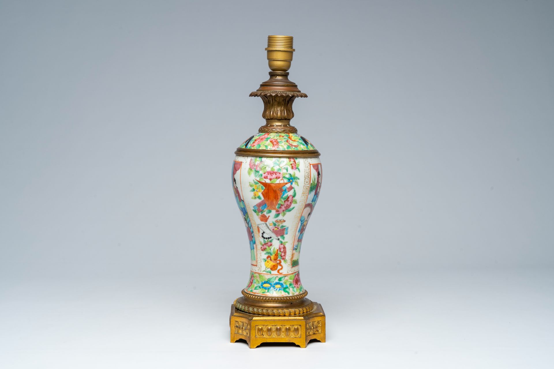 A Chinese Canton famille rose vase with palace scenes and floral design mounted as a lamp, 19th C. - Image 4 of 6