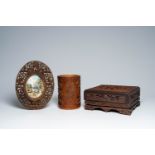 A Chinese Canton carved bamboo brush pot, an open worked wood frame and a wood 'Immortals' box and c