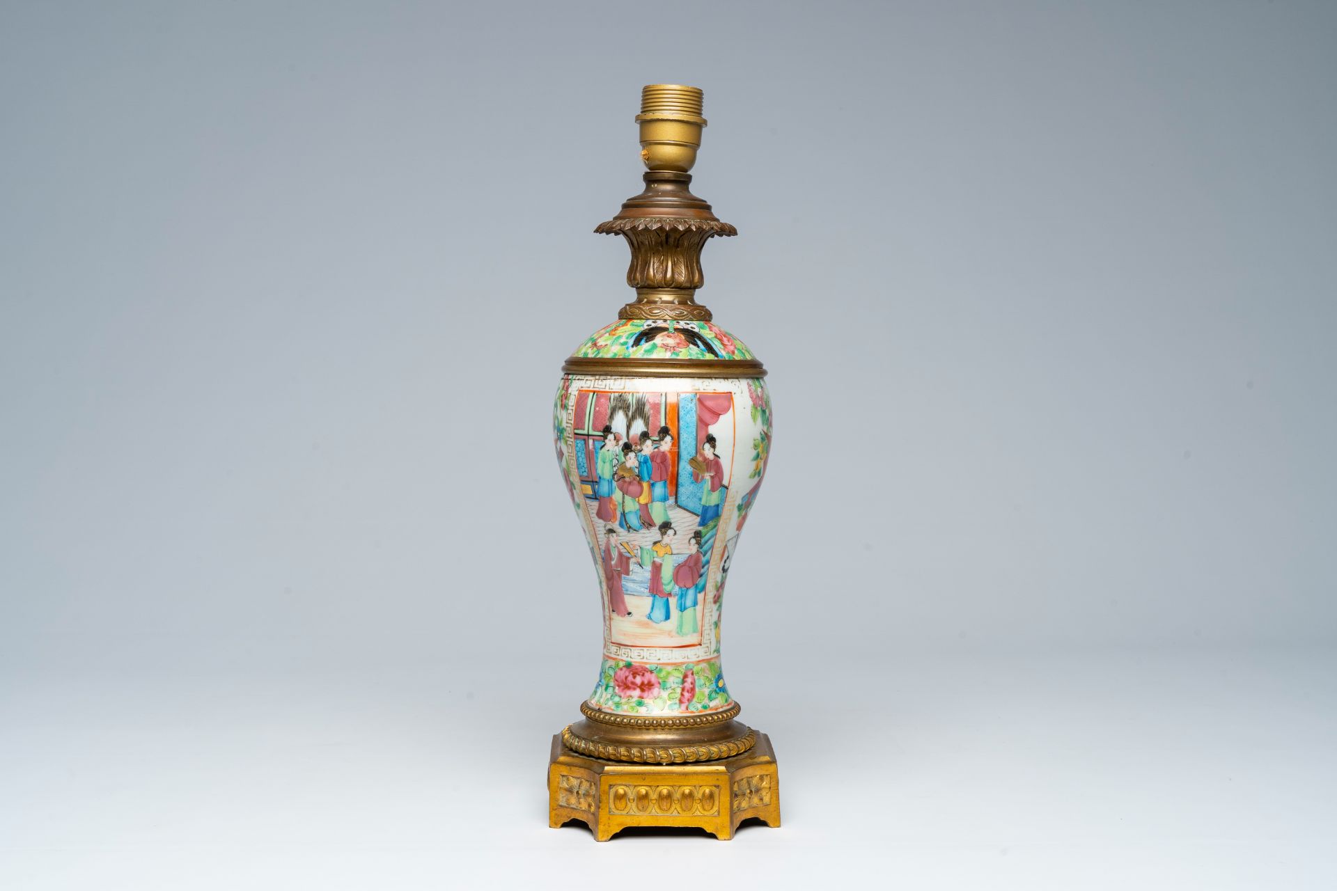 A Chinese Canton famille rose vase with palace scenes and floral design mounted as a lamp, 19th C. - Image 3 of 6