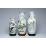 Three Chinese famille rose and qianjiang cai vases with ladies and a landscape, 19th/20th C.