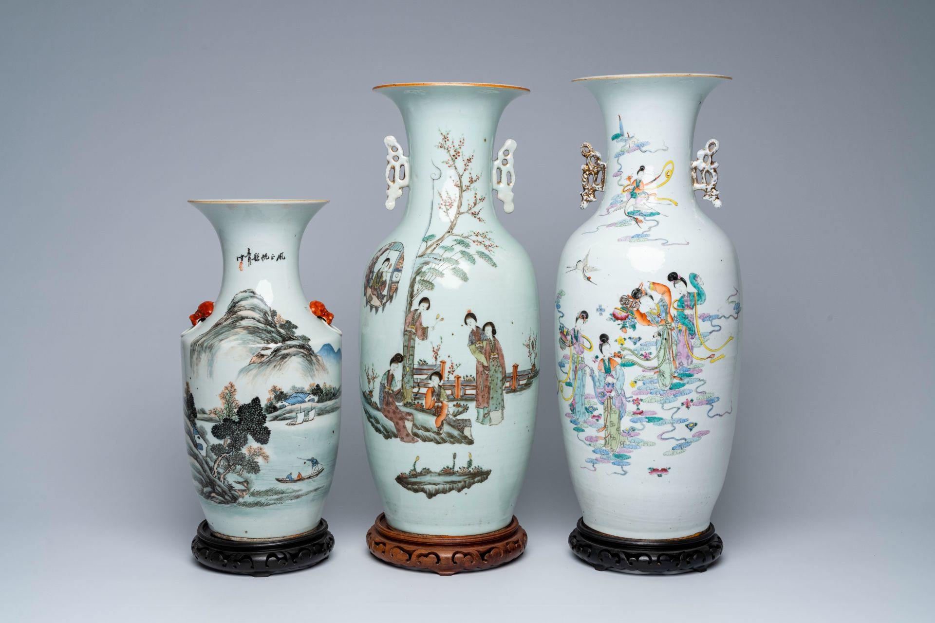 Three Chinese famille rose and qianjiang cai vases with ladies and a landscape, 19th/20th C.