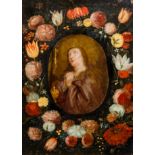 Flemish school: Saint Barbara in a garland of flowers, oil on copper, 17th C.