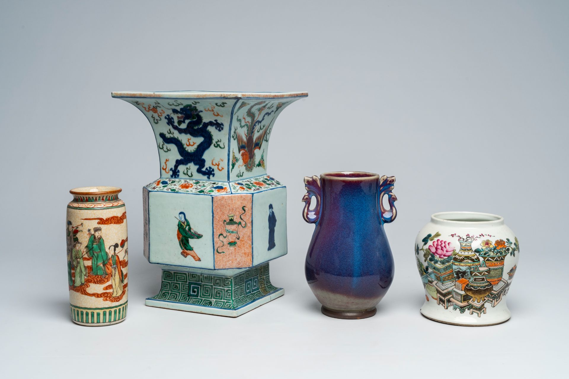 Four various Chinese polychrome and monochrome vases, 19th/20th C.