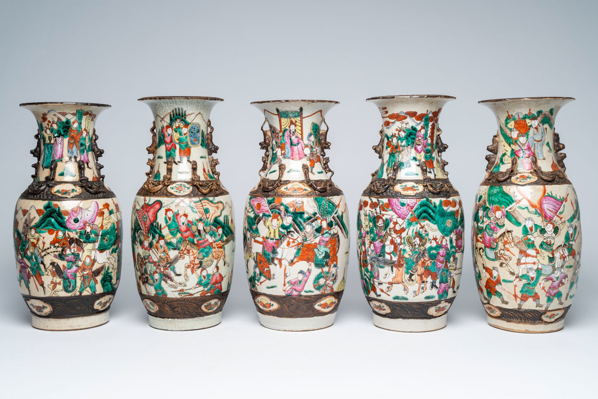 Five Chinese Nanking crackle glazed famille rose 'warrior' vases, 19th/20th C. - Image 3 of 6