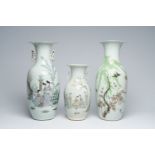 Three Chinese qianjiang cai vases with ladies in a garden and birds among blossoming branches, 19th/