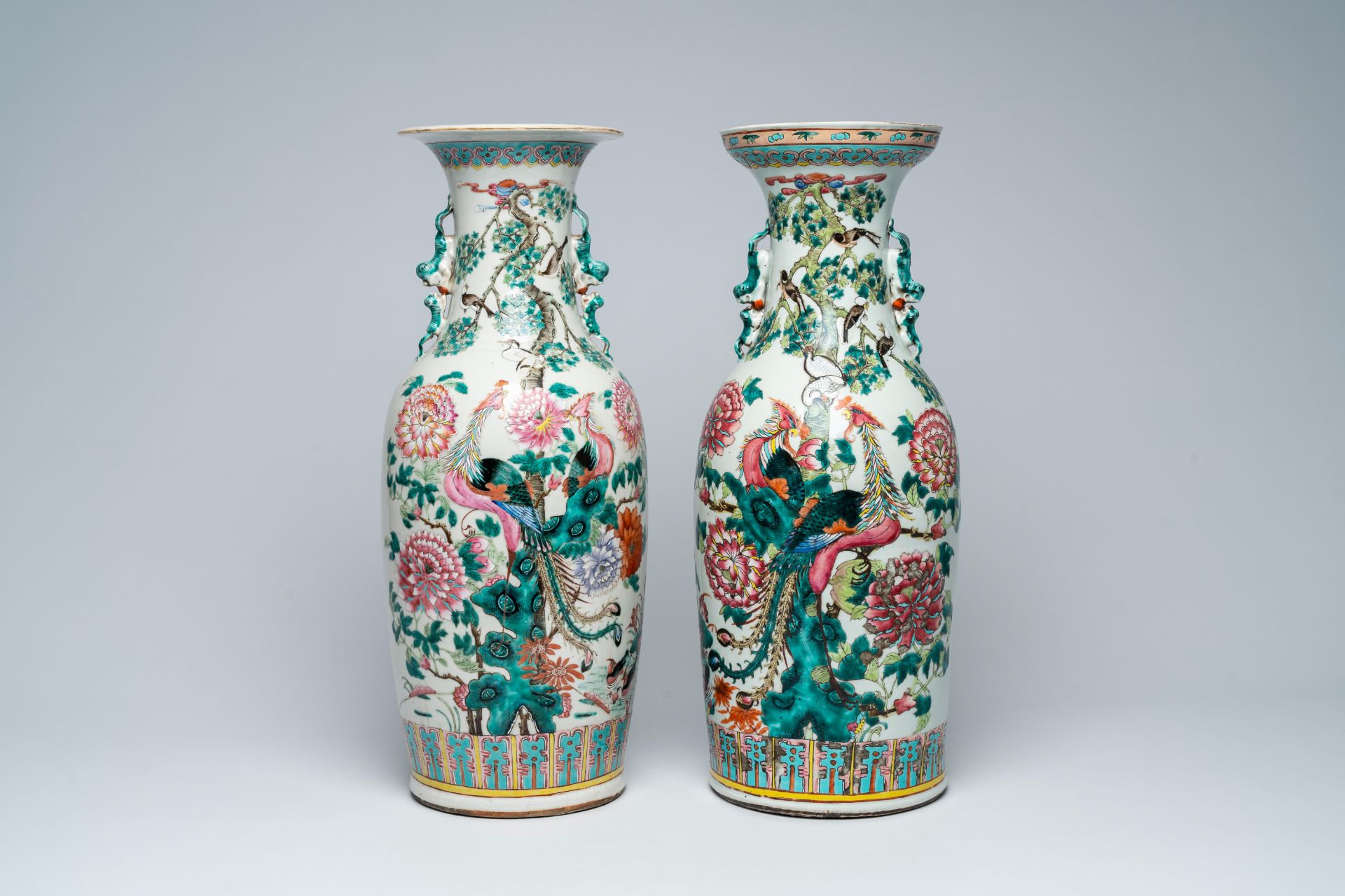 Two Chinese famille rose vases with phoenixes, pheasants and cranes among blossoming branches, 19th