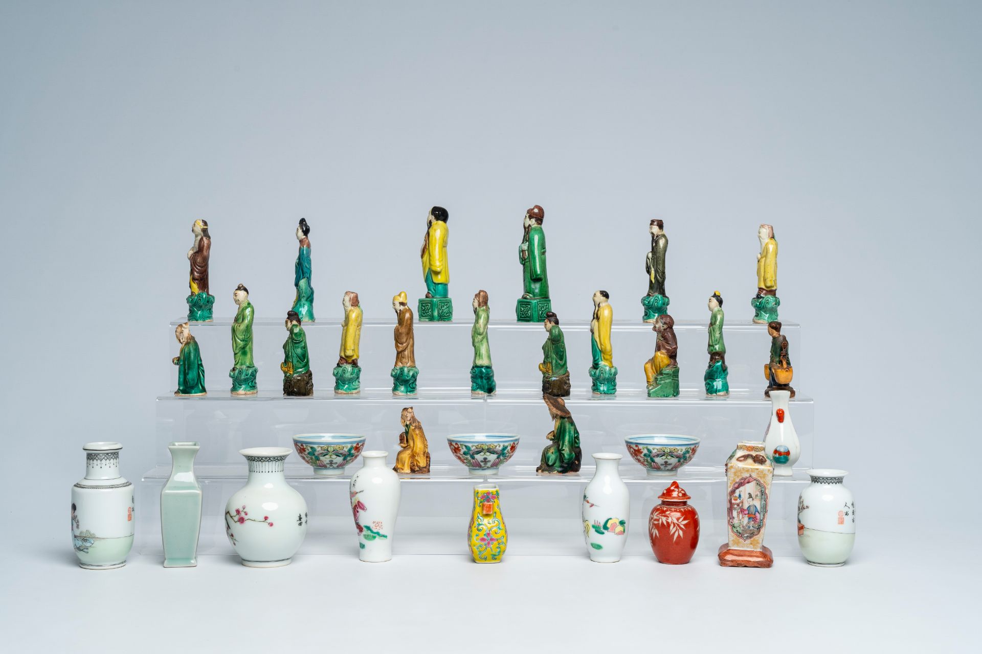 A varied collection of Chinese famille rose and celadon doll's house miniature vases and sancai glaz - Image 4 of 8