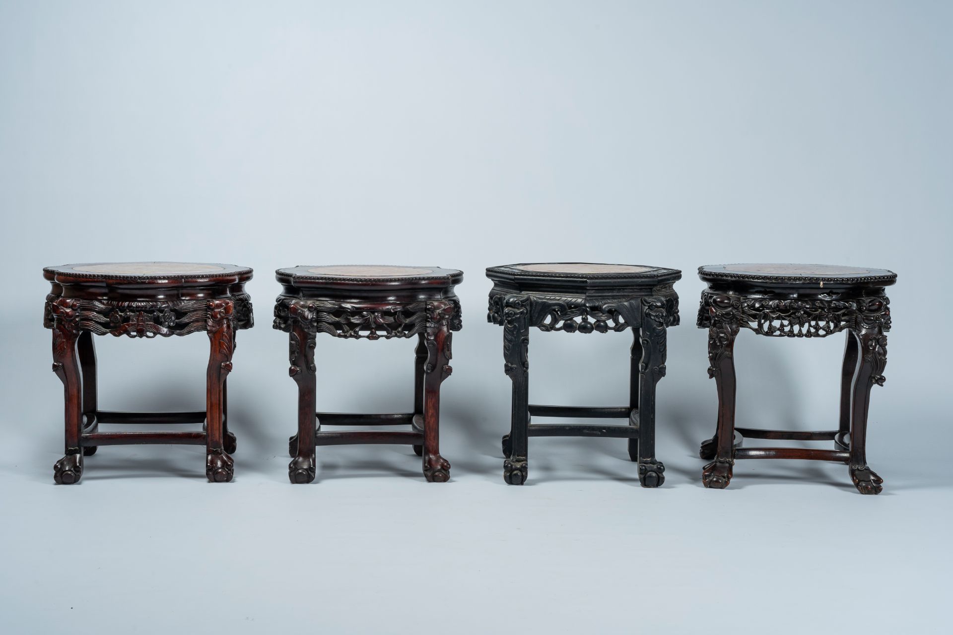 Four Chinese open worked carved wood stands with marble top, 19th/20th C. - Image 3 of 7