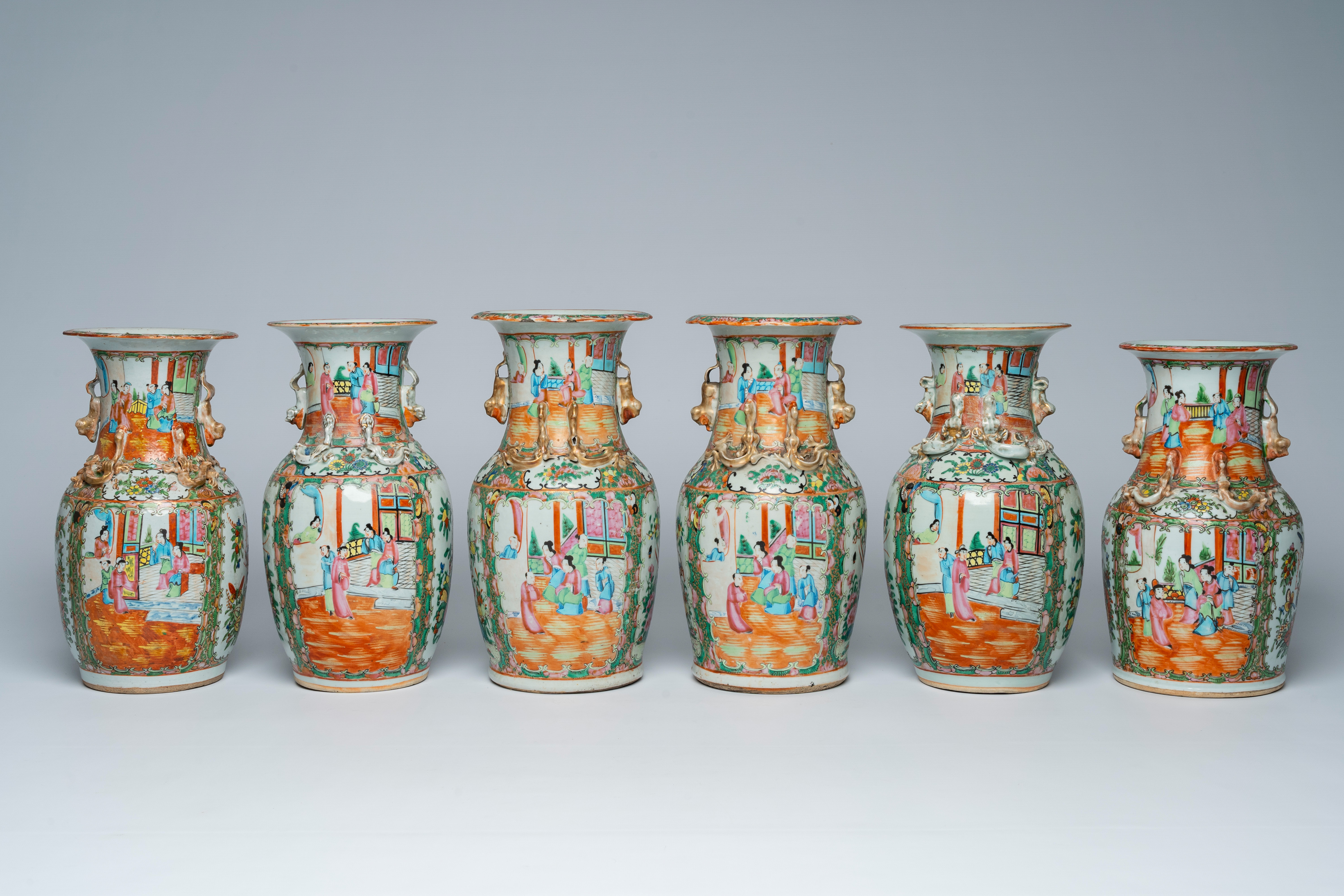 Six various Chinese Canton famille rose vases with palace scenes and birds among blossoming branches - Bild 4 aus 7