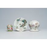 A Chinese qianjiang cai jar and cover, a dish and a vase with birds among blossoming branches, 19th/