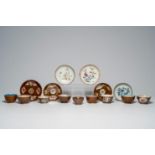 Nine Chinese Batavian ware famille rose and blue and white cups and six saucers with floral design,
