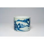 A Chinese blue and white brush pot with an animated river landscape, 19th/20th C.