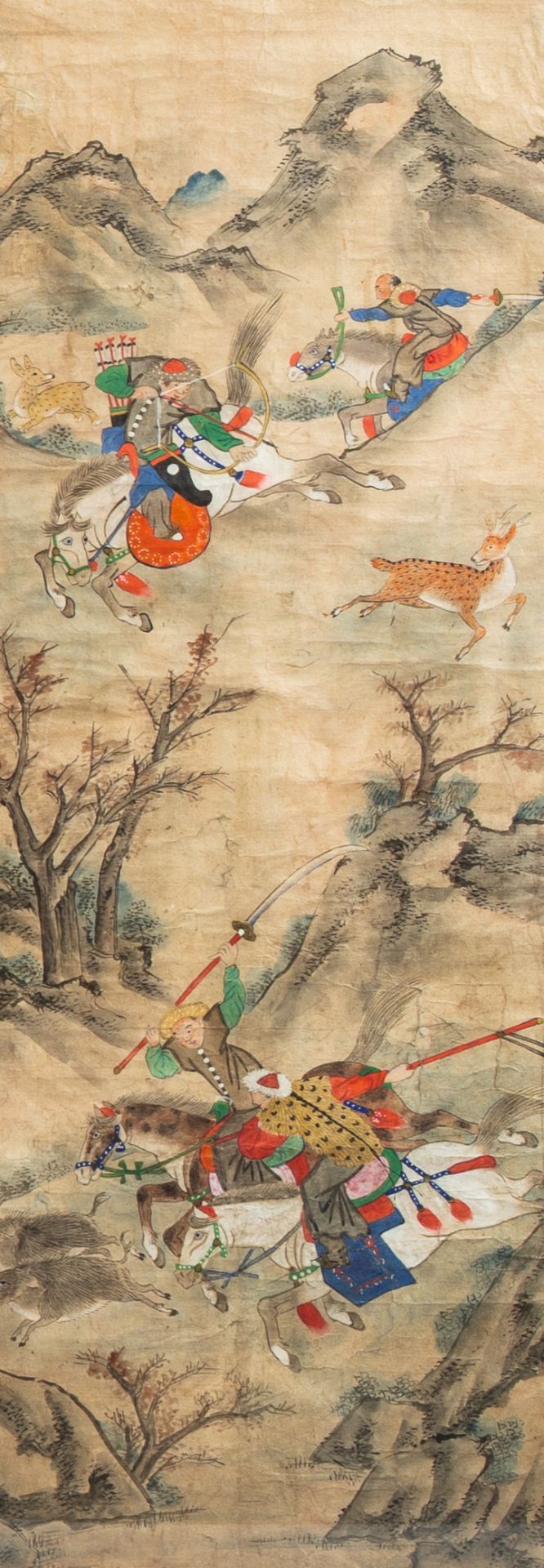 Chinese school: Five paintings with hunting scenes, ink and colours on paper, 19th C. - Image 5 of 7