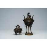 Two Japanese bronze incense burners with relief design, Meiji, 19th C.