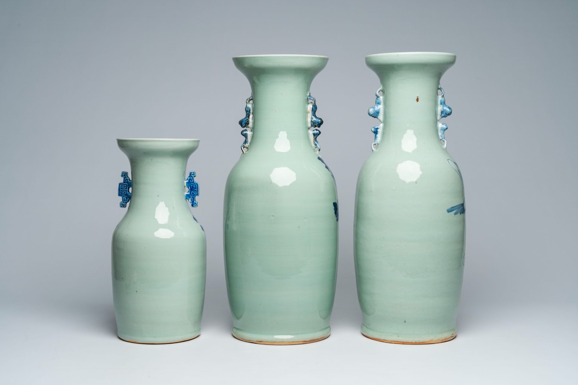 Three Chinese blue and white celadon ground vases with figures in a garden and birds among blossomin - Image 3 of 6