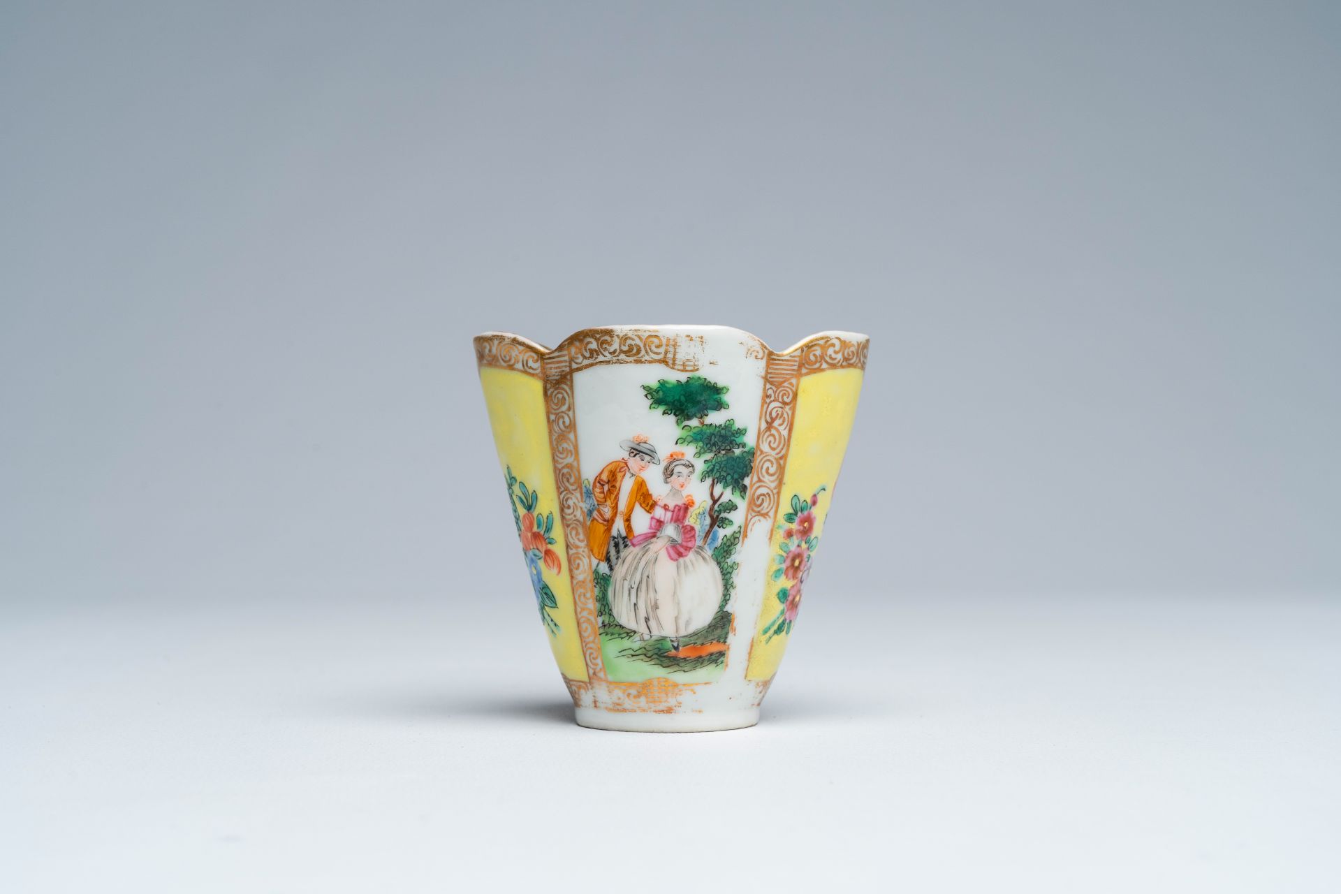 A Chinese famille rose Meissen style quatrefoil beaker and saucer with galant scenes, Augustus Rex m - Image 5 of 8