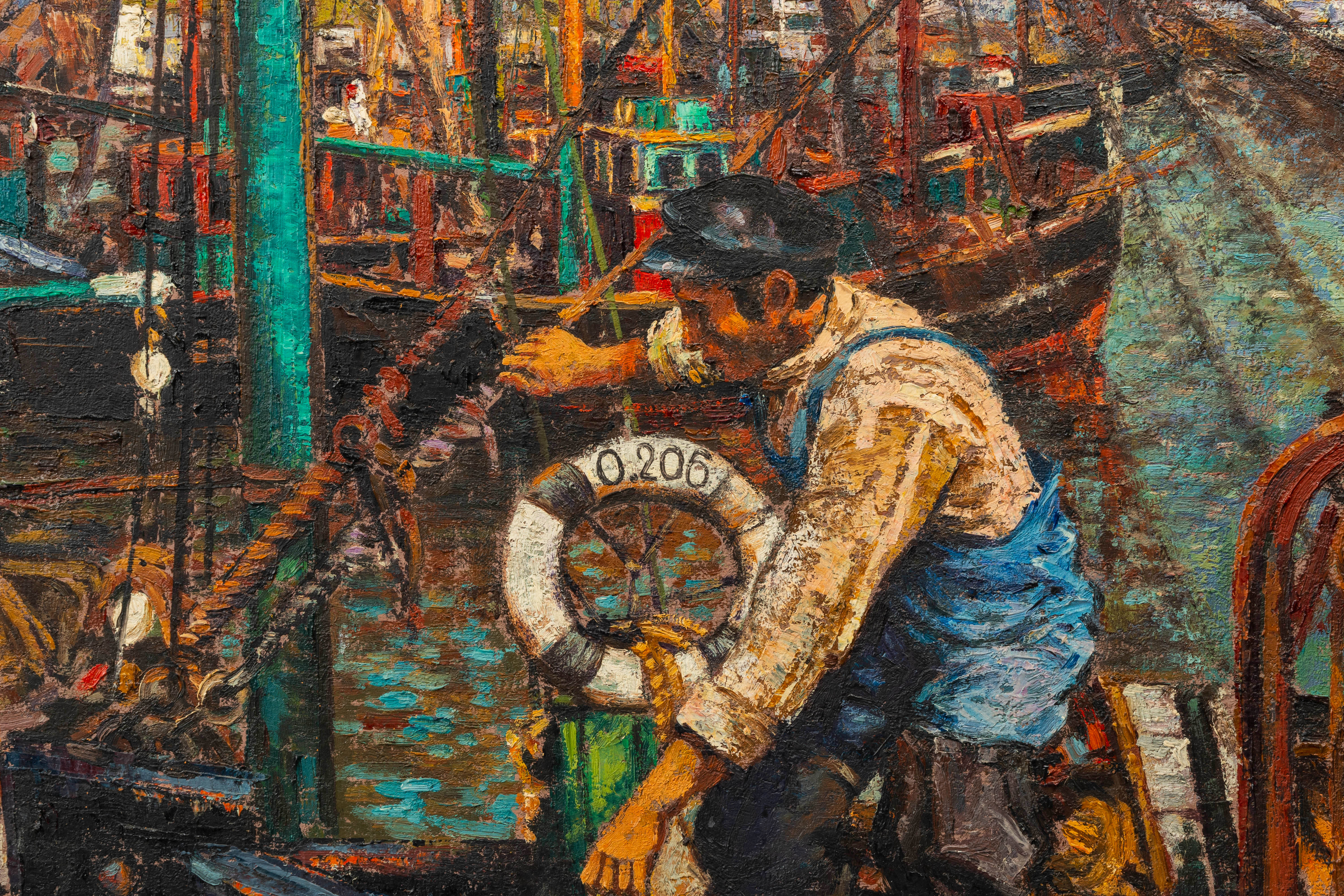 Jan van Gent (alias for Jef van Tuerenhout, 1926-2006): Fisherman at work in the harbour, oil on can - Image 5 of 5