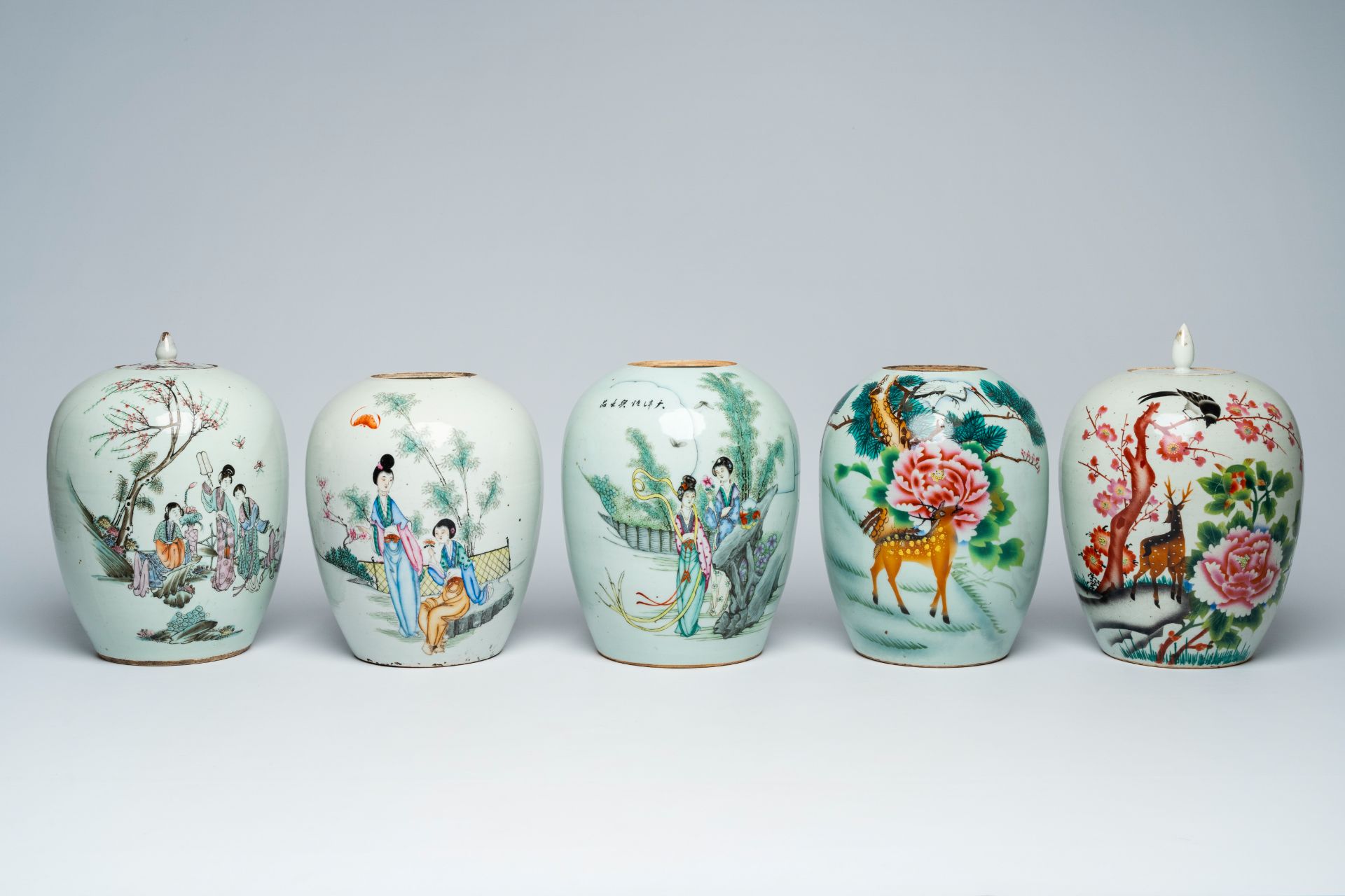 Five Chinese famille rose and qianjiang cai jars and covers with ladies in a garden and a deer in a - Image 2 of 9