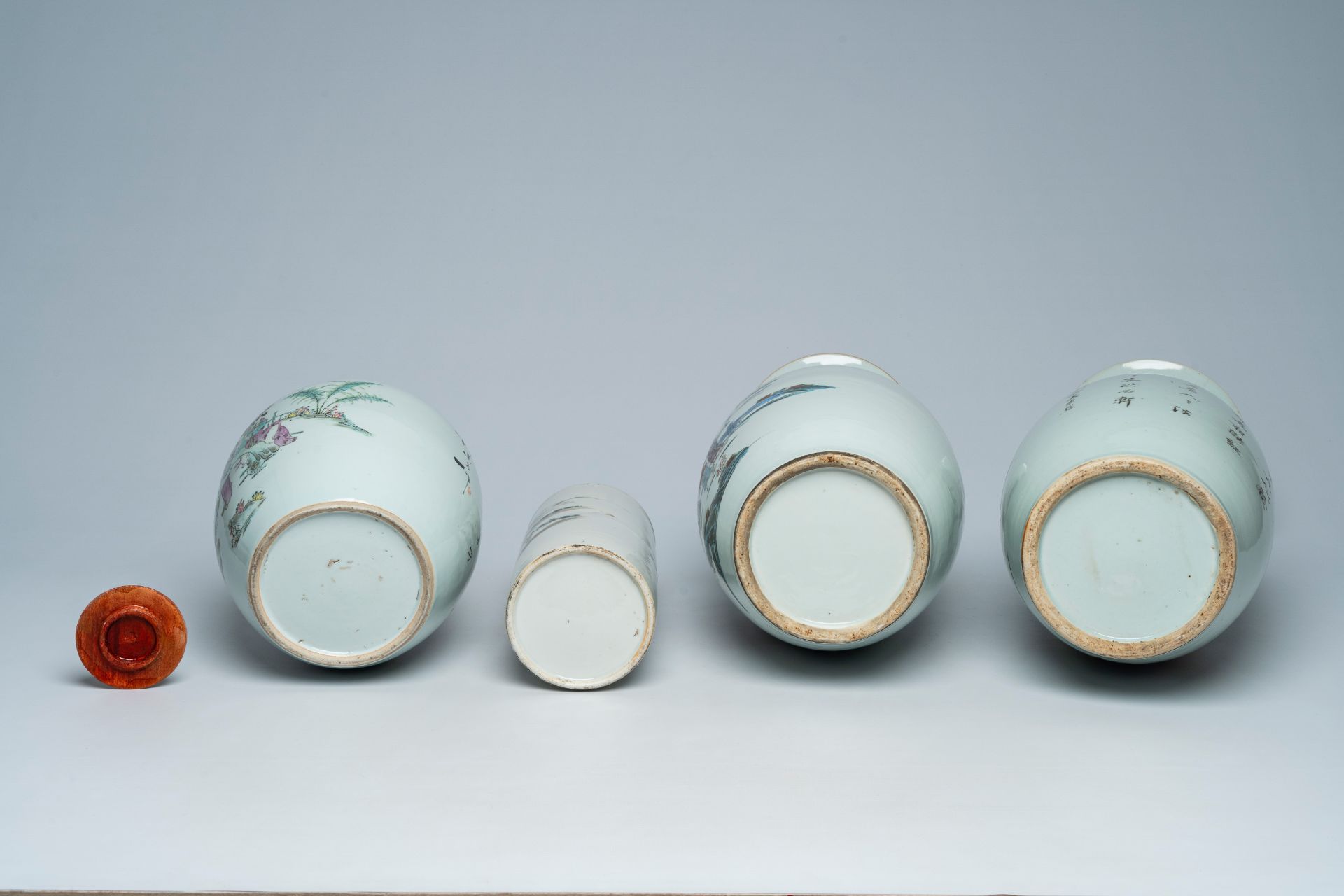 Two Chinese famille rose vases, a jar and cover with ladies in a garden and a qianjiang cai hat stan - Image 7 of 7