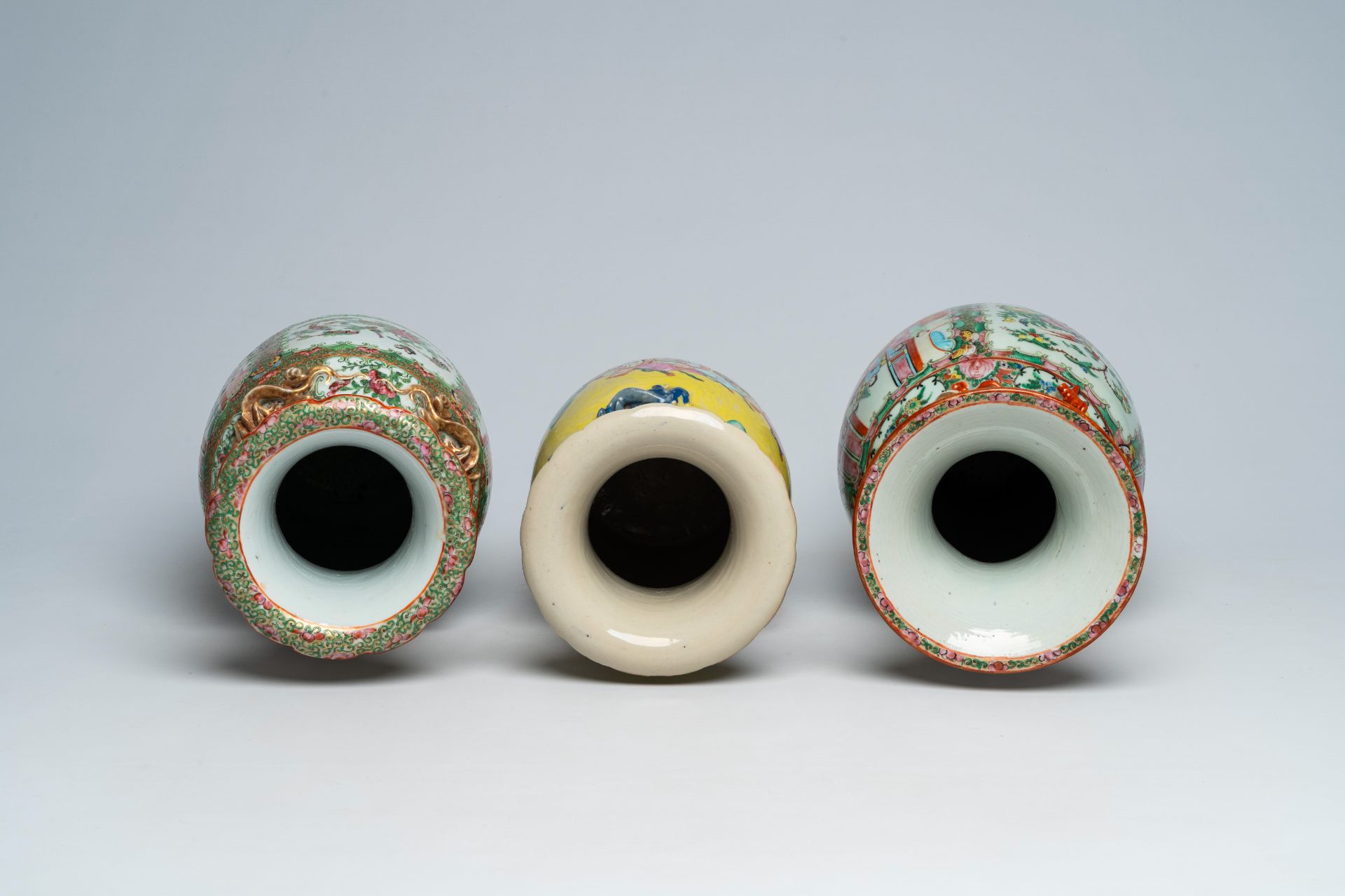 Three Chinese famille rose and Canton famille rose vases with figures, 19th C. - Image 3 of 4