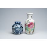 A Chinese qianjiang vai vase and a blue and white prunus on cracked ice ground vase with antiquities