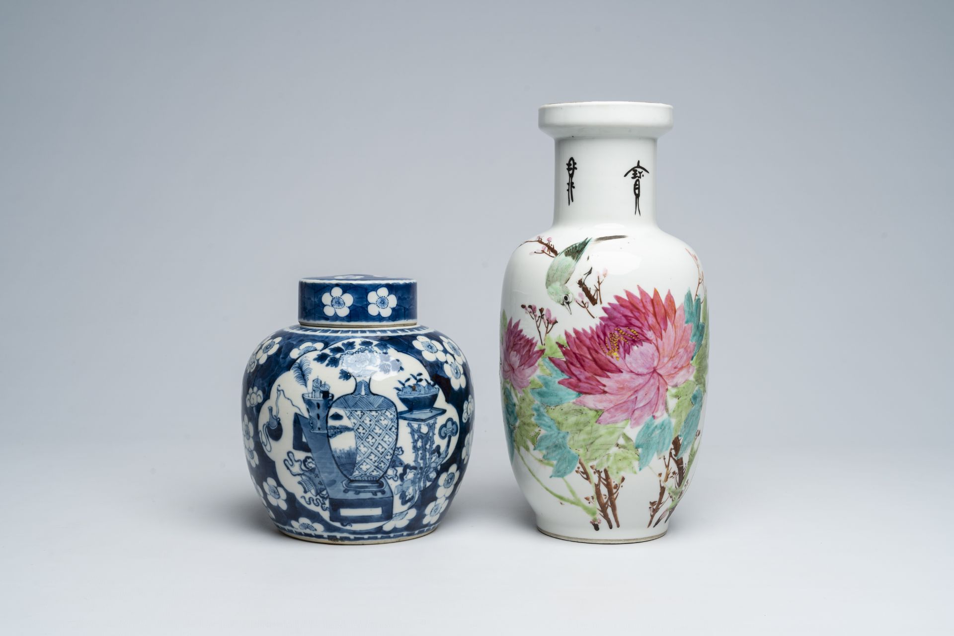 A Chinese qianjiang vai vase and a blue and white prunus on cracked ice ground vase with antiquities